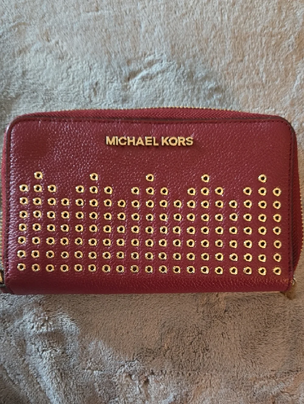 EUC Michael Kors Red Leather Zip Wallet with Gold Eyelet Accents